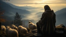 Jesus Christ Is Our Lord And God, The Savior Of Mankind, The Shepherd, Protects Animals And People, Grazes Sheep And Goats On A Green Field
