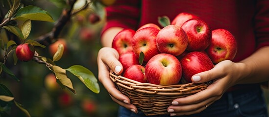 Wall Mural - Woman picking red organic apples in autumn garden With copyspace for text