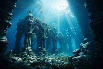 Wall Mural - Legendary Atlantis. The sunken continent of an ancient highly developed civilization. Underwater historical discoveries