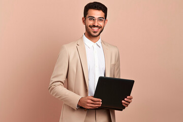 Wall Mural - businessman or teacher holding laptop and looking at camera with happy smile