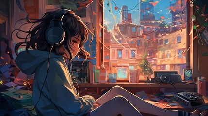 Cool Lofi Girl studying at her desk. Rainy or cloudy outside, beautiful chill, atmospheric wallpaper. 4K streaming background. lo-fi, hip-hop style. Anime manga style.