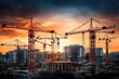 At the construction site, amidst the beautiful sunset, the skilled teamwork, modern machinery, and towering steel structures symbolize progress and innovation in urban development