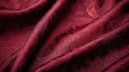 Wall Mural - Texture of a brocade fabric in a rich burgundy color, with raised motifs in a paisley pattern. The fabric has a subtle sheen and a slightly rough texture, adding a unique depth to the design.