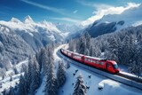 Fototapeta Natura - Experience the beauty of winter in the Swiss Alps aboard the Bernina Express, where the snowy landscapes, alpine peaks, and scenic railway create a breathtaking European travel adventure
