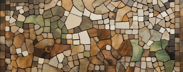 texture of earthy mosaic ceramic artwork inspired by nature, this mosaic artwork uses ceramic tiles 