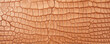 Closeup of crocodile skin leather in a light tan color with muted, earthy undertones. The leather is smooth to the touch and has a luxurious, exotic look.