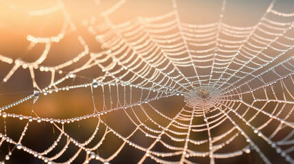 Wall Mural - Closeup of a spider web, glistening with morning dew, highlighting the intricate and delicate design of the web.