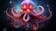 Fabulous giant octopus with futuristic style on dark background, drawing for children's book