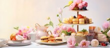 Tea Time Dessert Table Three Tiered Tray With Assortment Of Treats And Sandwiches Either In Spring Or Summer With Copyspace For Text