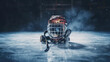 On-Ice Safety Gear. A solitary ice hockey helmet rests on the rink.