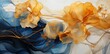 A blue and gold flowing pattern like ink or fabric with flowers. Generative AI. 