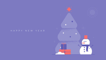 Wall Mural - New Year and Christmas greeting card design with Christmas tree, snowman and decoration. Modern winter holiday cover in white and purple colors.