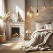 Interior of stylish light bedroom with modern lamp and fireplace, natural light, simple background, generative ai