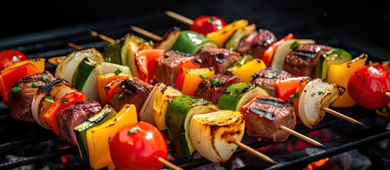 Sticker - Vegetable and meat skewers grilled outdoors With copyspace for text