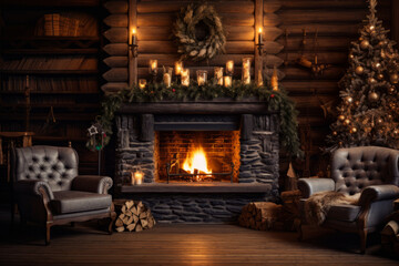 Cozy dark rustic living room with a fireplace, decorated for Christmas.