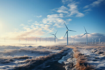 Rows of wind turbines generating power in scenic evening scenery at winter. Windmills generating green energy on background of blue evening sky.