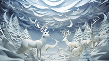 3d Objects, Herd Of Reindeer In The Snow As A Paper Cut Craft, Paper Illustration, Winter - Generative AI