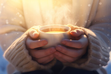 Close-up on woman's hands holding a cup of hot coffee or chocolate on a backdrop of snowy landscape on sunny winter day. Christmas. New Years Eve.