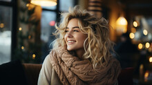 Happy Blond Woman With Bunch Hairstyle Warming And Cover Knitted Plaid Enjoying In Her Coffee Time By The Window In Cold Winter Day. Peace Of Mind And Mental Health - Generative AI