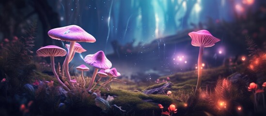 Wall Mural - Enchanting forest with magical mushrooms butterflies blooming roses and glowing moon rays in a fairy tale setting