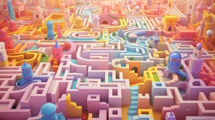 whimsical and pastel-colored maze adventure suitable for children's entertainment, with designated areas for text, background image, AI generated