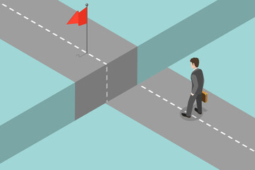 Wall Mural - 3D Isometric Flat Vector Conceptual Illustration of Overcoming Obstacle On Road, Process of Achieving Target