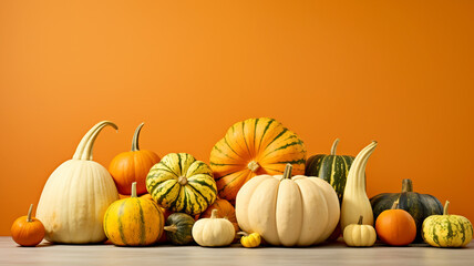Wall Mural - assortment of pumpkins and squashes on a solid colored background