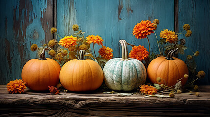 Wall Mural - autumn pumpkins and flowers in the rustic style