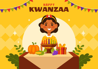 Wall Mural - Happy Kwanzaa Vector Illustration with Mazao, Zawadi, Mkeka, Kinara, Gifts, Cup, Candles in Traditional Holiday African Symbol Flat Cartoon Background