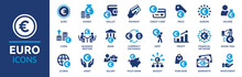 Euro Money Icon Set. Containing Euro Currency, Income, Payment, Business And Investment Icons. Financial Icon Collection. Vector Illustration.