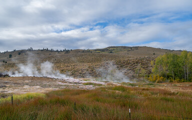 Poster - Steam rising from hot springs in the California Eastern Sierra mountain landscape during early Autumn.