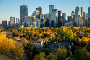 View of Calgary's modern skyline on a beautiful autumn evening.