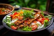 Generative AI : Close up on traditional Vietnamese salad with eel meat & vegetables.Spicy exotic dish from Vietnam.Enjoy natural fresh ingredients.Gourmet diet food