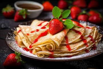 Wall Mural - Generative AI : Crepes with fresh strawberries, delicious crepes, thin pancakes, colorful yards