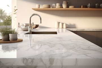 Aufkleber - Generative AI : Close-up Marble granite kitchen counter island for product display on modern bright and clean kitchen space. 3d rendering, 3d illustration