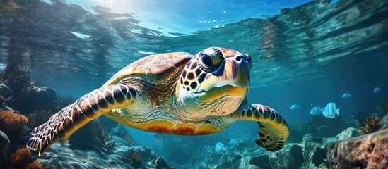 Wall Mural - Underwater life sea turtle swimming in vibrant blue ocean during scuba dive photographed With copyspace for text