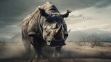 Fototapeta  - Close-up of an angry male rhino with textured background and space for text, background image, AI generated