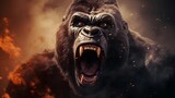 Fototapeta  - Close-up of roaring angry male gorilla with textured background and space for text, background image, AI generated