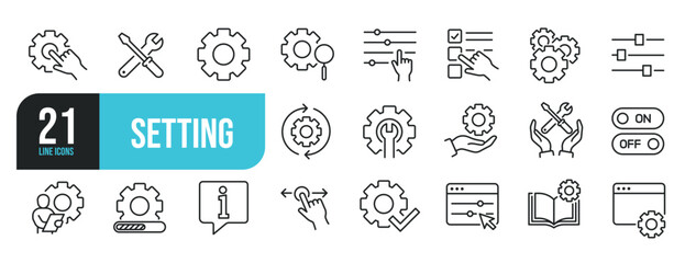 Set of line icons related to setting, setup, configuration, repair, recovery. Outline icons collection. Editable stroke. Vector illustration.