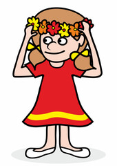 Wall Mural - One girl with headdress of flowers,  wreath in hair, red dress color, funny vector illustration