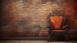 Fototapeta  - Close-up image of a beautiful artistic antique chair with space for text and clean vibrant brick wall textured background, background image, AI generated