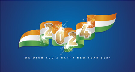 Wall Mural - New Year 2024 concept design template with golden glitter 2024 front on India wavy flag ribbon. Sparkle firework 2024 premium gold light orange white green India wavy flag ribbon vector on blue backgr