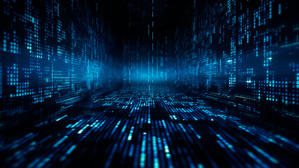 composition featuring vibrant blue binary data displayed against a computer screen background, evoking the iconic Matrix style. Generative AI