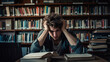 Tired student guy sitting in the library with his hands around his head. illustration of fatigue from the heavy load of studying. Generative AI