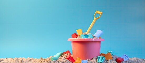 Sticker - Toys made of plastic buckets with shovels isolated pastel background Copy space