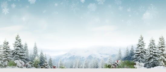 Poster - Snow covered pine trees in a winter forest with a Christmas and New Years vibe creating a panoramic banner with a blank white space isolated pastel background Copy space