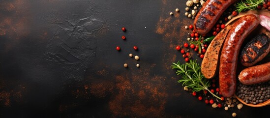 Canvas Print - Spiced Bavarian sausages served on a stone board Space for writing isolated pastel background Copy space