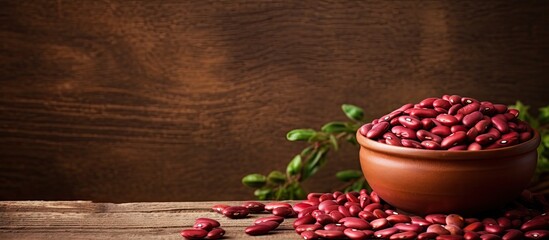 Wall Mural - Selective focus on dry adzuki beans in clay bowl on isolated pastel background Copy space en table some in focus some not