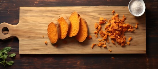 Poster - Sweet potato bread on isolated pastel background Copy space en board slices