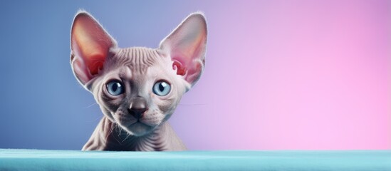 Poster - Sphinx breed cat hairless kitten isolated pastel background Copy space wide horizontal design for text